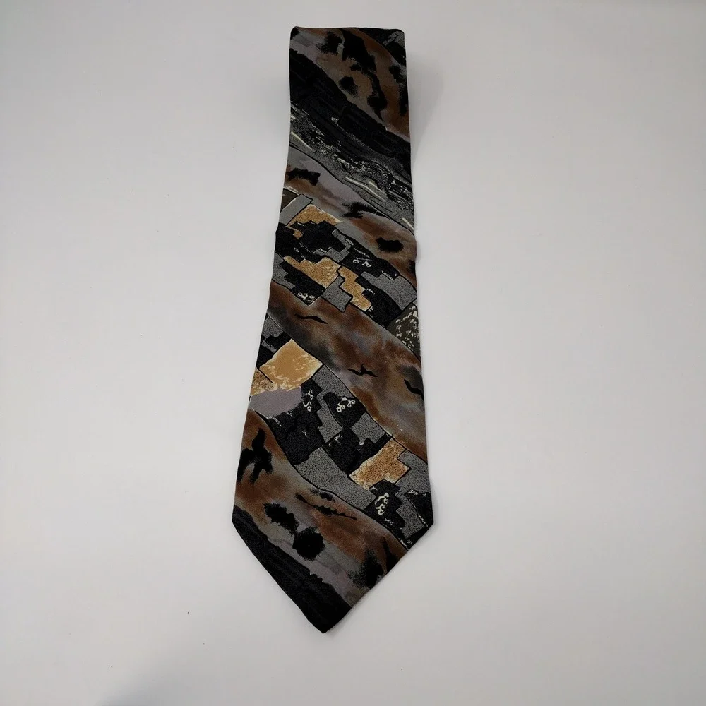VTG 90s Options Bristol Fashions Tie Abstract Geometric Earth Tone‎ Brown Gray